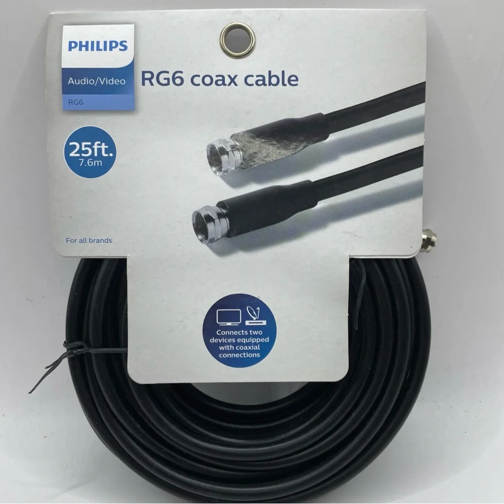 Philips RG6 Coax Cable 25 ft Black Universal SWV2155H/37 NEW